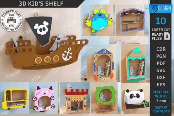 3D Kids Shelves Laser Cut Bundle: CNC & Nursery Décor